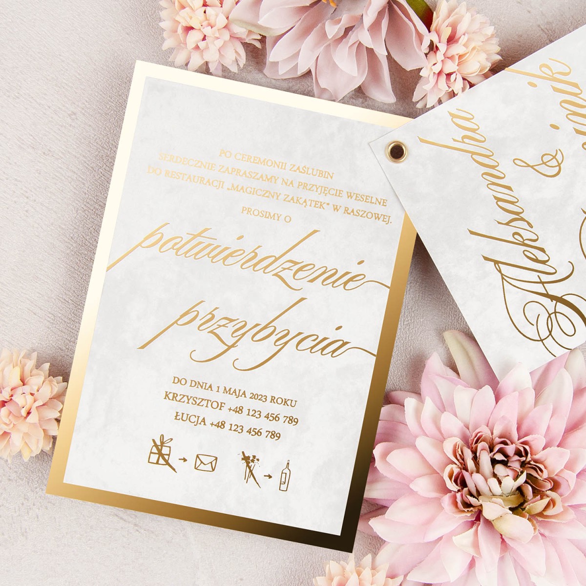 Eleganckie pozłacane zaproszenia ślubne ze złotą ramką - Gold Mirror Marble