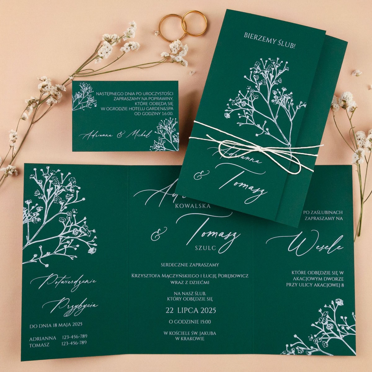 Zaproszenia ślubne otwierane z motywem białej gipsówki - Emerald - PRÓBKA