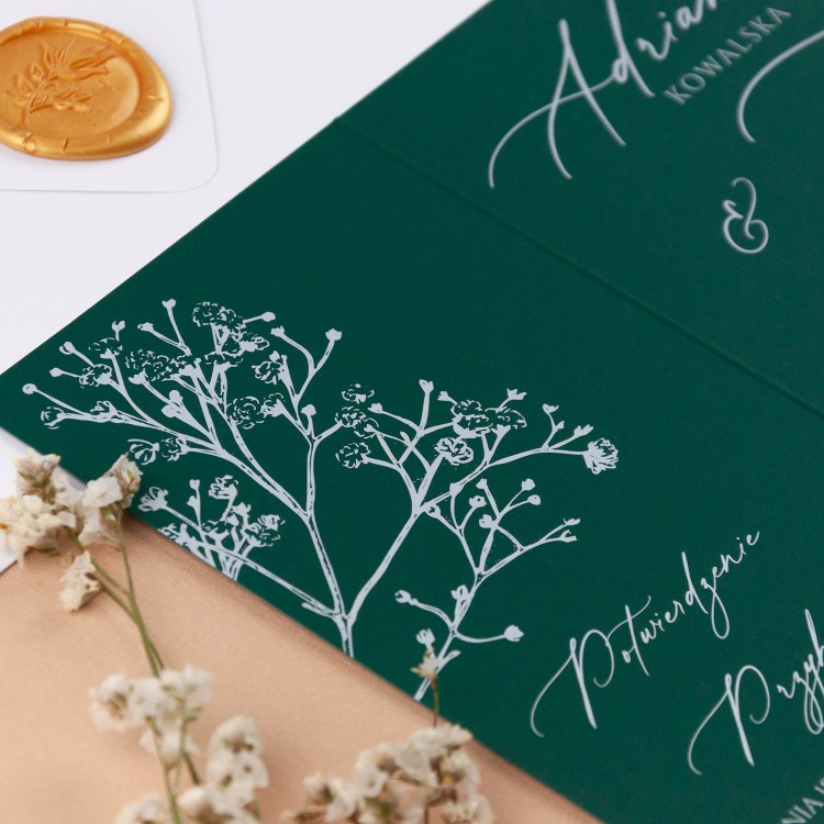 Zaproszenia ślubne otwierane z motywem białej gipsówki - Emerald - PRÓBKA